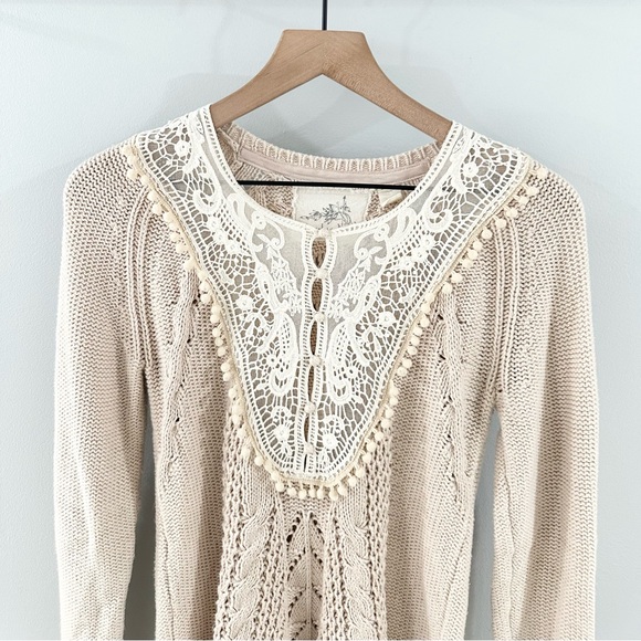 Anthropologie Angel Of The North Lace Detail Cable Knit Sweater Beige Size Small - Picture 3 of 6